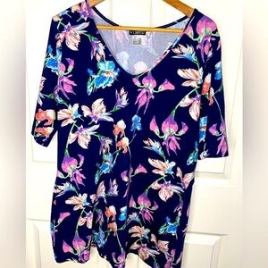 VENUS Colorful Floral Navy Blue Top, Blouse 1X Spring Summer